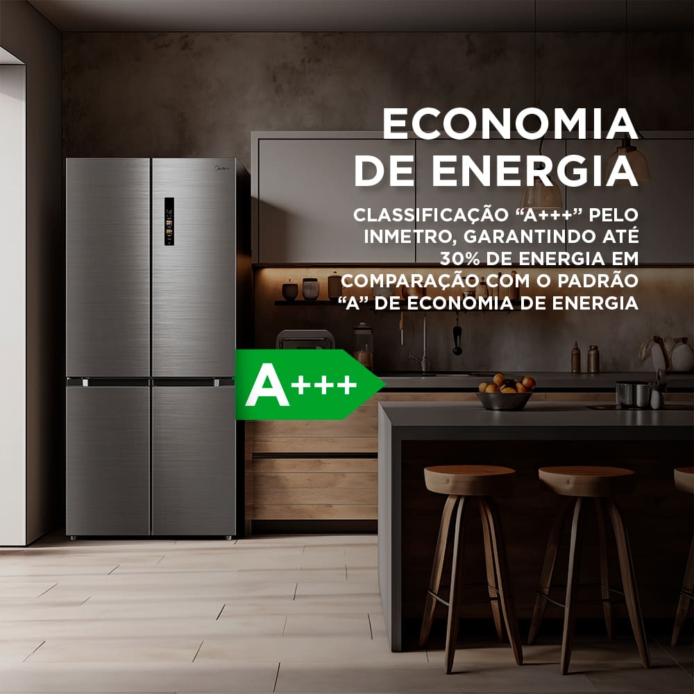 Experimente a inovação da Geladeira Multidoor com 474 litros Inverter A geladeira French Door Frost Free com 4 portas da Midea, além de ser moderna e inteligente, também oferece capacidade para 474 litros. Ela possui compressor inverter, que traz baixo consumo de energia, melhor conservação dos alimentos, baixo ruído e resfriamento rápido. Além disso, é Flexi-volt, funcionando tanto em 127V quanto em 220V, e possui classificação A+++ no Inmetro.