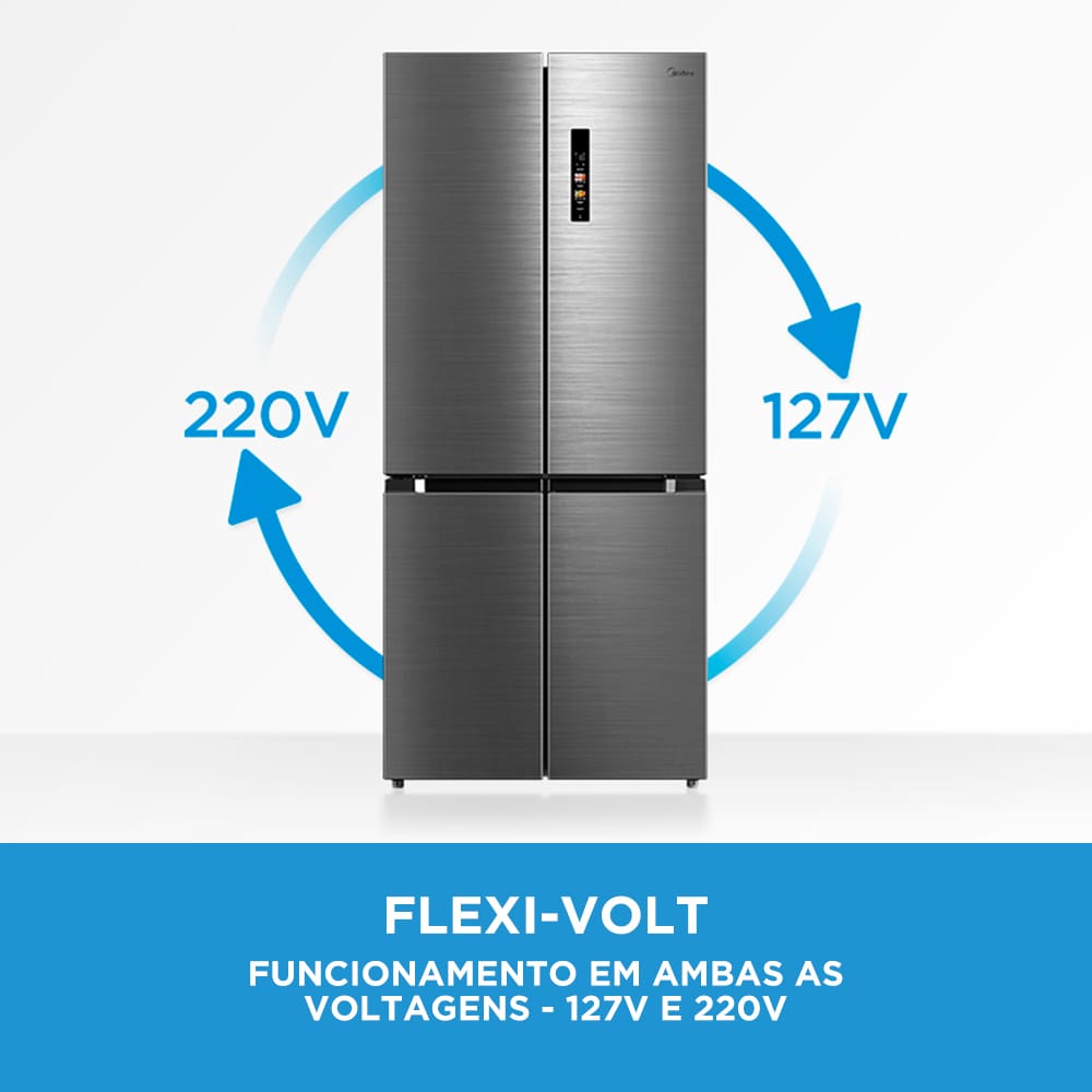 Experimente a inovação da Geladeira Multidoor com 474 litros Inverter A geladeira French Door Frost Free com 4 portas da Midea, além de ser moderna e inteligente, também oferece capacidade para 474 litros. Ela possui compressor inverter, que traz baixo consumo de energia, melhor conservação dos alimentos, baixo ruído e resfriamento rápido. Além disso, é Flexi-volt, funcionando tanto em 127V quanto em 220V, e possui classificação A+++ no Inmetro.