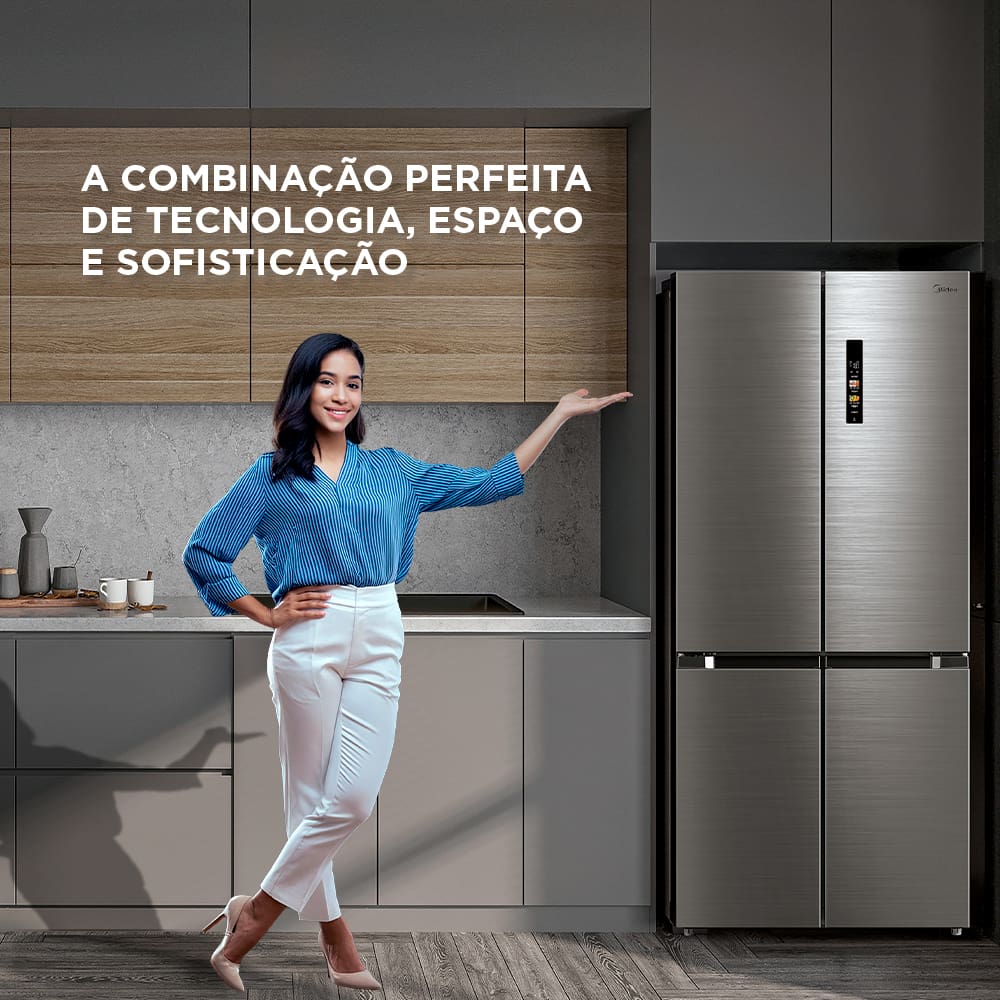 Experimente a inovação da Geladeira Multidoor com 474 litros Inverter A geladeira French Door Frost Free com 4 portas da Midea, além de ser moderna e inteligente, também oferece capacidade para 474 litros. Ela possui compressor inverter, que traz baixo consumo de energia, melhor conservação dos alimentos, baixo ruído e resfriamento rápido. Além disso, é Flexi-volt, funcionando tanto em 127V quanto em 220V, e possui classificação A+++ no Inmetro.