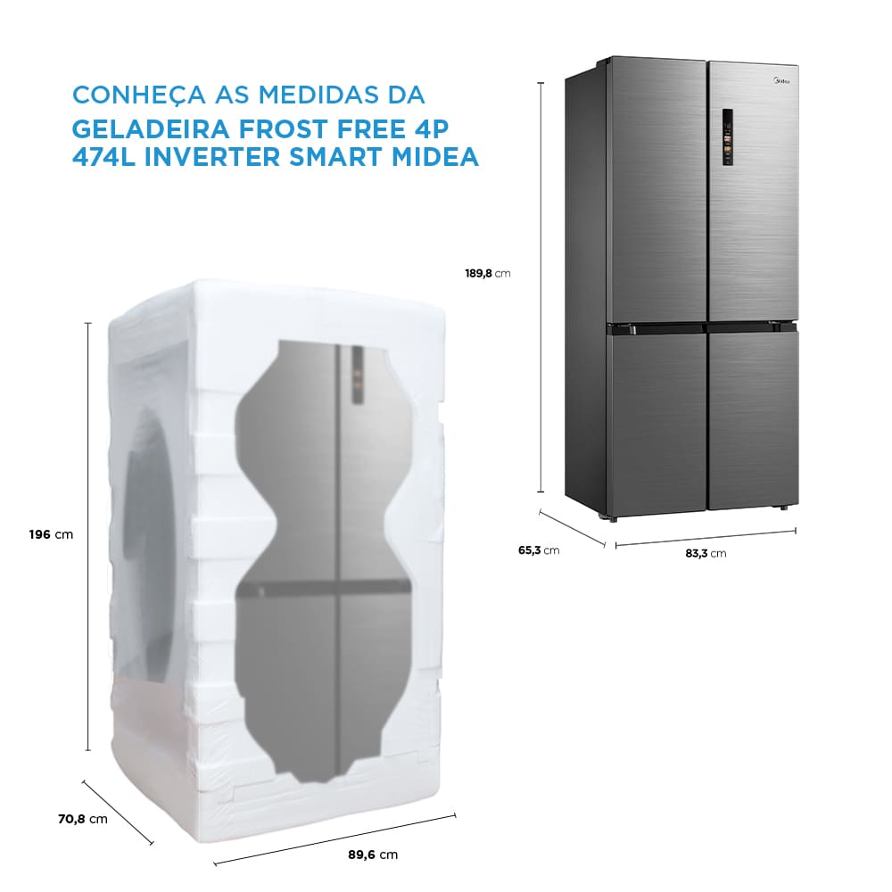 Experimente a inovação da Geladeira Multidoor com 474 litros Inverter A geladeira French Door Frost Free com 4 portas da Midea, além de ser moderna e inteligente, também oferece capacidade para 474 litros. Ela possui compressor inverter, que traz baixo consumo de energia, melhor conservação dos alimentos, baixo ruído e resfriamento rápido. Além disso, é Flexi-volt, funcionando tanto em 127V quanto em 220V, e possui classificação A+++ no Inmetro.