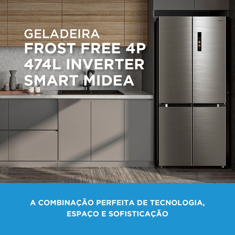 Experimente a inovação da Geladeira Multidoor com 474 litros Inverter A geladeira French Door Frost Free com 4 portas da Midea, além de ser moderna e inteligente, também oferece capacidade para 474 litros. Ela possui compressor inverter, que traz baixo consumo de energia, melhor conservação dos alimentos, baixo ruído e resfriamento rápido. Além disso, é Flexi-volt, funcionando tanto em 127V quanto em 220V, e possui classificação A+++ no Inmetro.