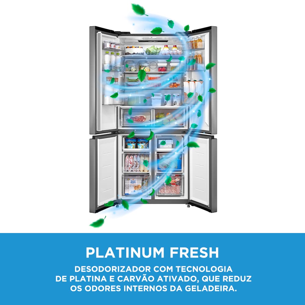 Experimente a inovação da Geladeira Multidoor com 474 litros Inverter A geladeira French Door Frost Free com 4 portas da Midea, além de ser moderna e inteligente, também oferece capacidade para 474 litros. Ela possui compressor inverter, que traz baixo consumo de energia, melhor conservação dos alimentos, baixo ruído e resfriamento rápido. Além disso, é Flexi-volt, funcionando tanto em 127V quanto em 220V, e possui classificação A+++ no Inmetro.