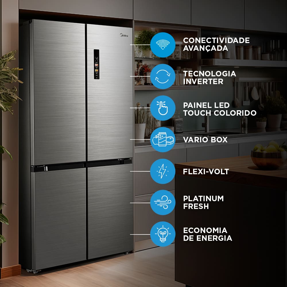 Experimente a inovação da Geladeira Multidoor com 474 litros Inverter A geladeira French Door Frost Free com 4 portas da Midea, além de ser moderna e inteligente, também oferece capacidade para 474 litros. Ela possui compressor inverter, que traz baixo consumo de energia, melhor conservação dos alimentos, baixo ruído e resfriamento rápido. Além disso, é Flexi-volt, funcionando tanto em 127V quanto em 220V, e possui classificação A+++ no Inmetro.