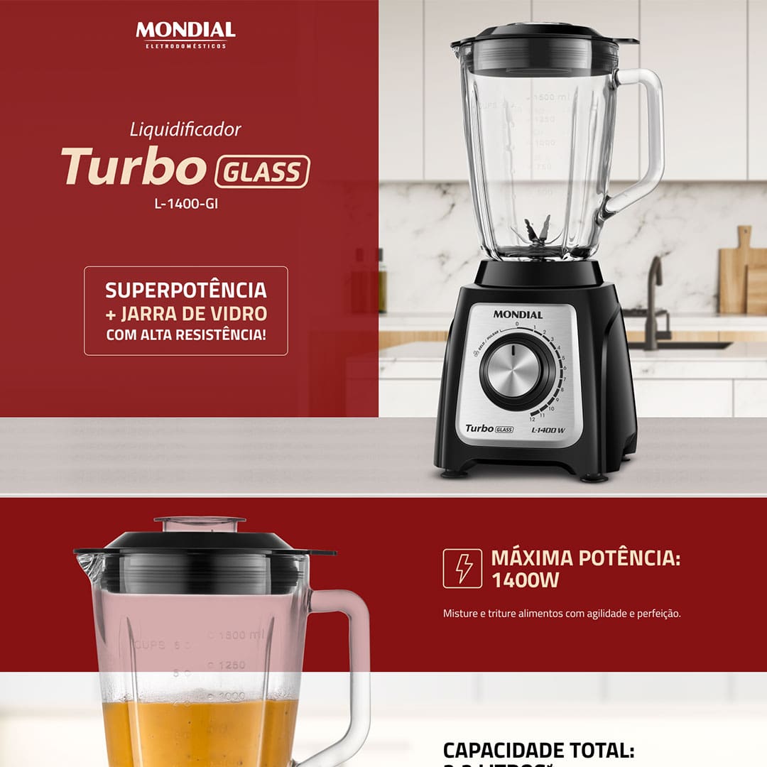 Tenha mais praticidade na hora de preparar as mais deliciosas receitas com o Liquidificador Mondial Turbo Glass L-1400 GI.  Possui 6 lâminas em aço inox, sendo duas serrilhadas, com alto poder de corte, super-resistentes e eficientes. A faca é facilmente removida da jarra, facilitando a limpeza total do liquidificador.  Com função “Pulsar” tritura até os ingredientes mais resistentes, como gelo e polpa de fruta, combina até 12 velocidades sendo ideal para alcançar a textura perfeita para o que precisa.  O Turbo Glass L-1400 GI é resistente a variadas temperaturas, sem absorver odores ou manchas. Além disso, a jarra de vidro possui um design sofisticado e conta com potência de 1400W permite misturar e triturar alimentos com agilidade e perfeição.
