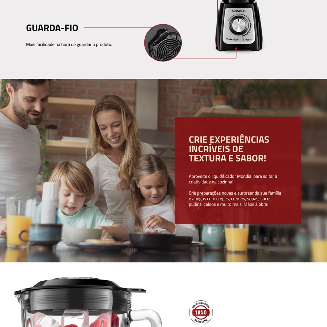 Tenha mais praticidade na hora de preparar as mais deliciosas receitas com o Liquidificador Mondial Turbo Glass L-1400 GI.  Possui 6 lâminas em aço inox, sendo duas serrilhadas, com alto poder de corte, super-resistentes e eficientes. A faca é facilmente removida da jarra, facilitando a limpeza total do liquidificador.  Com função “Pulsar” tritura até os ingredientes mais resistentes, como gelo e polpa de fruta, combina até 12 velocidades sendo ideal para alcançar a textura perfeita para o que precisa.  O Turbo Glass L-1400 GI é resistente a variadas temperaturas, sem absorver odores ou manchas. Além disso, a jarra de vidro possui um design sofisticado e conta com potência de 1400W permite misturar e triturar alimentos com agilidade e perfeição.
