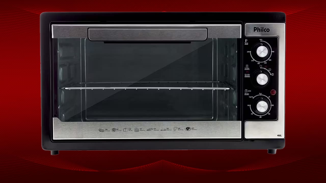 imagem frontal frente Forno Elétrico Philco prata preto porta fechada grelha parte interna dentro fundo vermelho