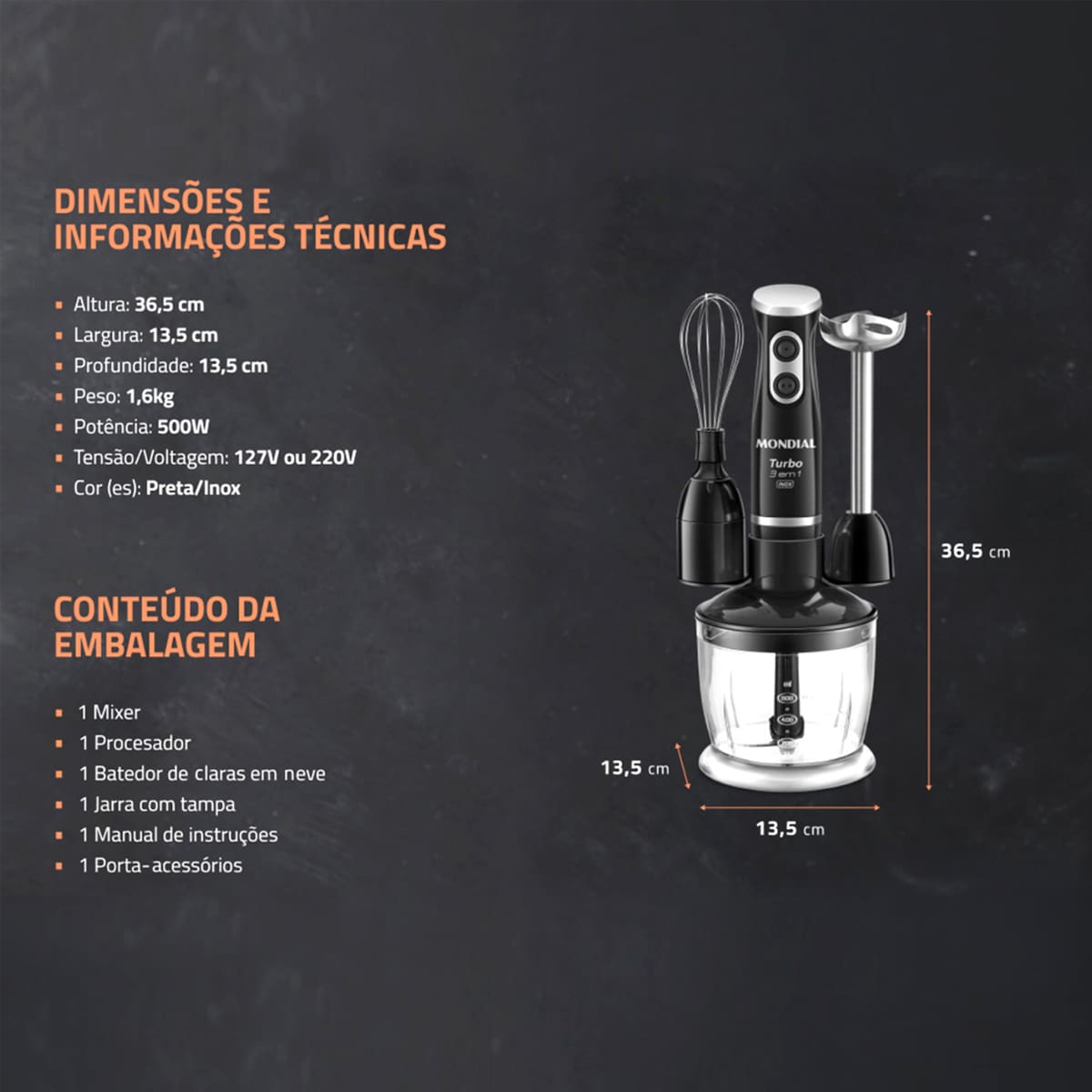 Mixer Mondial Turbo 3 em 1 Inox M-18-BI 500W Funçã...