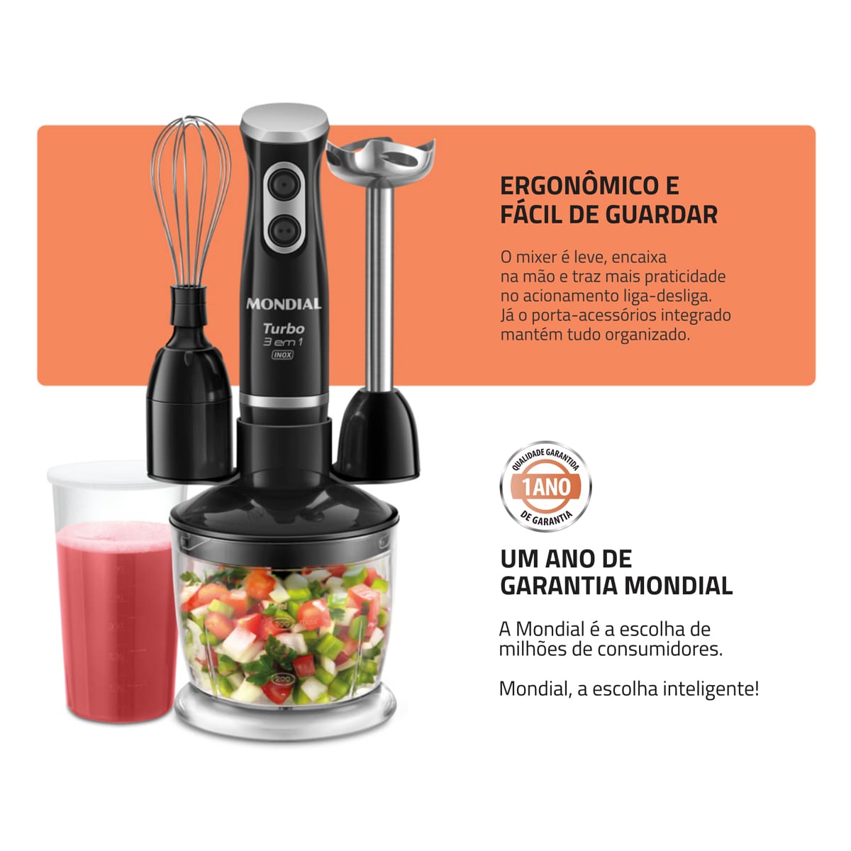Mixer Mondial Turbo 3 em 1 Inox M-18-BI 500W Funçã...