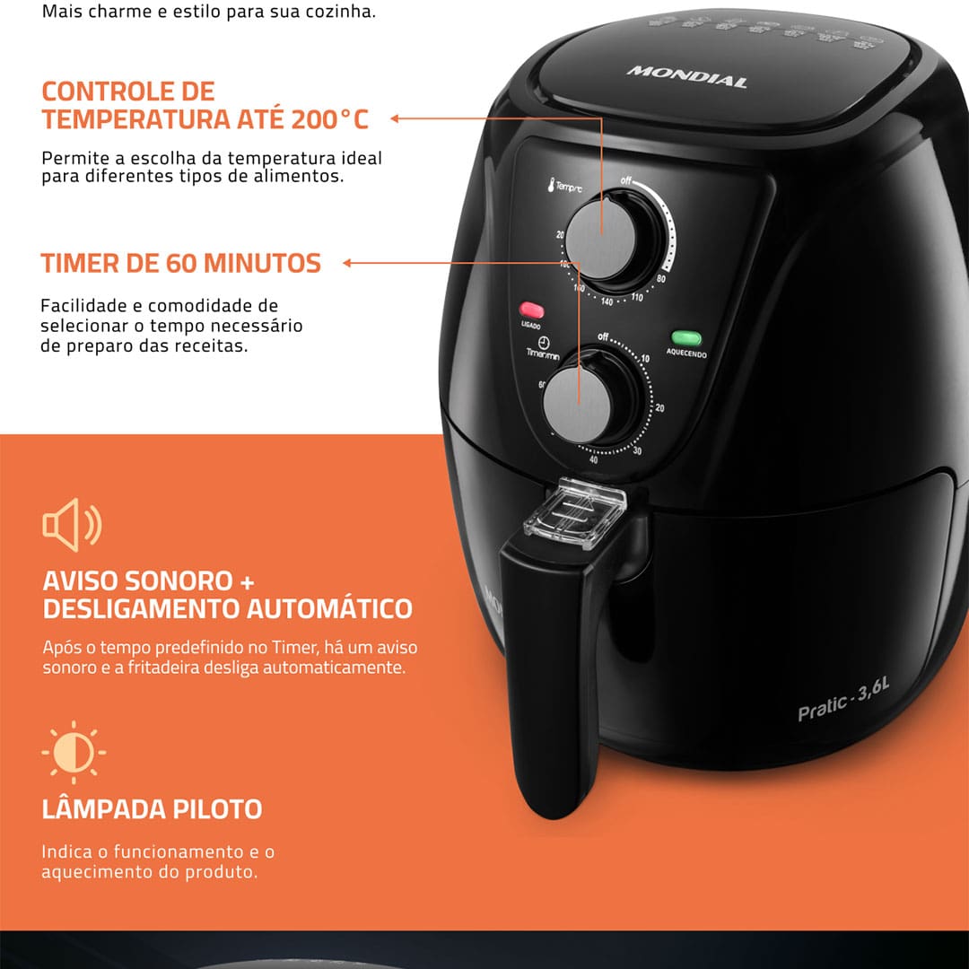 Fritadeira Elétrica Sem Óleo Air Fryer Mondial AF-36-FB 3,6L - Preta - 110V