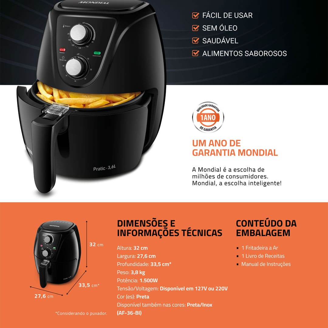 Fritadeira Elétrica Sem Óleo Air Fryer Mondial AF-36-FB 3,6L - Preta - 110V