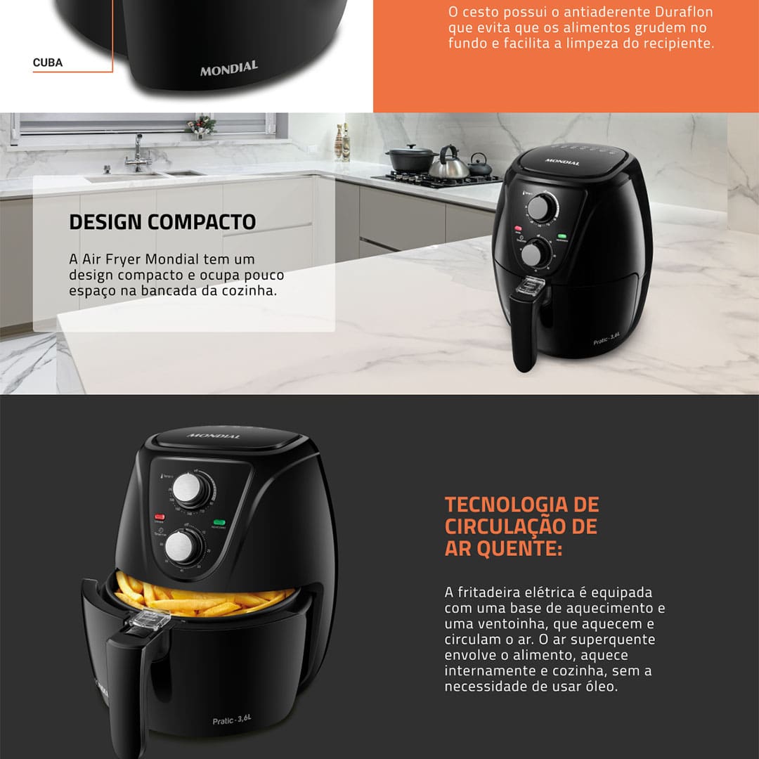 Fritadeira Elétrica Sem Óleo Air Fryer Mondial AF-36-FB 3,6L - Preta - 110V