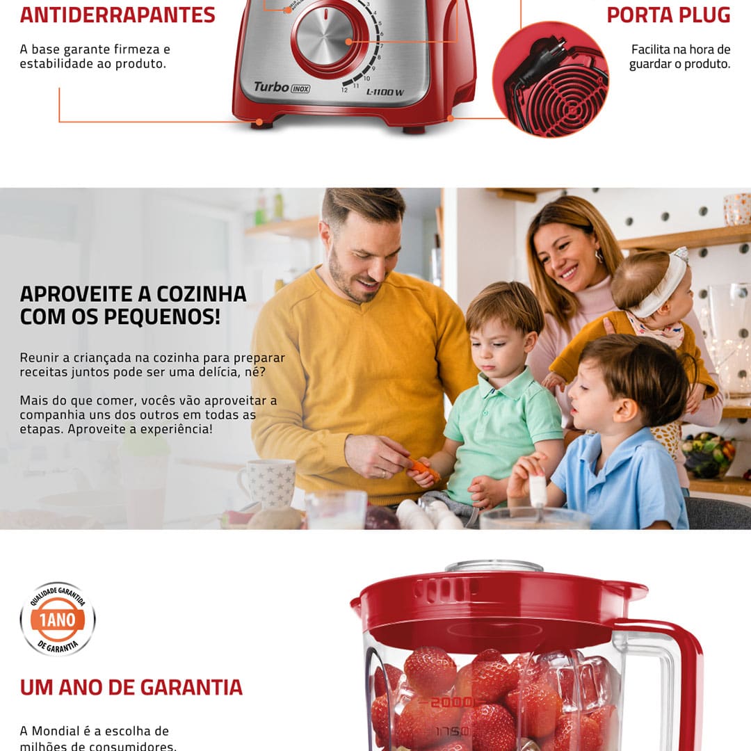 O Liquidificador Mondial Turbo L-1100 com 12 Velocidades 1100W possui detalhes em inox agregando sofisticação e mais durabilidade para a sua cozinha, sendo projetado para proporcionar segurança e estabilidade durante o preparo de diversas receitas. Conta com filtro para separação de bagaços e sementes, e sobre tampa graduada que pode ser usada como medidor. Além de um porta fio interno, para facilitar seu armazenamento.