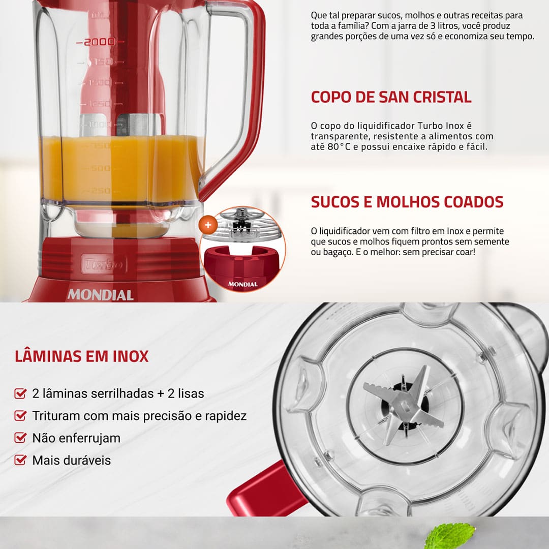 O Liquidificador Mondial Turbo L-1100 com 12 Velocidades 1100W possui detalhes em inox agregando sofisticação e mais durabilidade para a sua cozinha, sendo projetado para proporcionar segurança e estabilidade durante o preparo de diversas receitas. Conta com filtro para separação de bagaços e sementes, e sobre tampa graduada que pode ser usada como medidor. Além de um porta fio interno, para facilitar seu armazenamento.