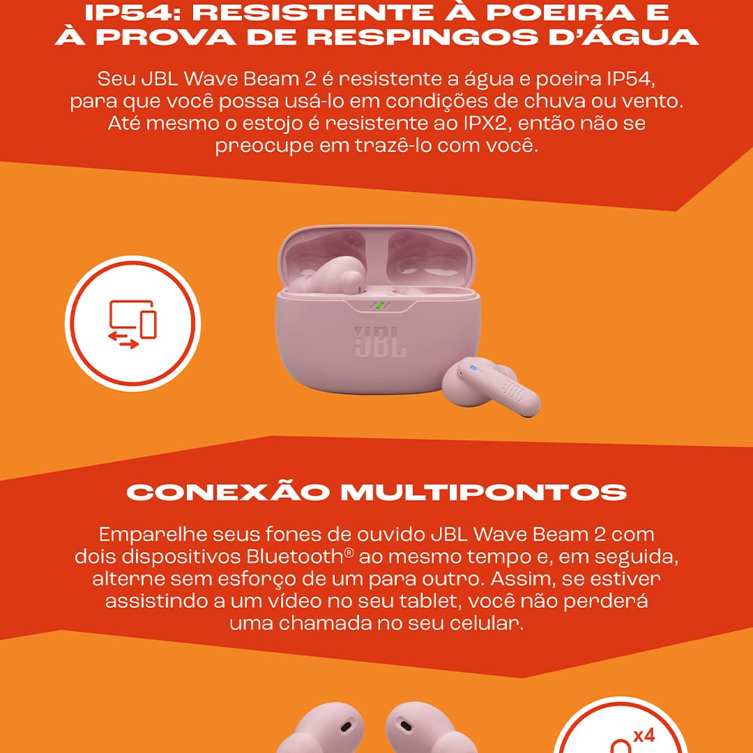 Som JBL Pure Bass para uma experiência imersiva Os fones de ouvido JBL Wave Buds 2 possuem drivers dinâmicos de 8 mm que oferecem o icônico som JBL Pure Bass, proporcionando graves profundos e uma experiência auditiva empolgante. Seja para ouvir músicas, podcasts ou assistir a vídeos, o som é claro, potente e envolvente, garantindo qualidade em qualquer momento do seu dia.