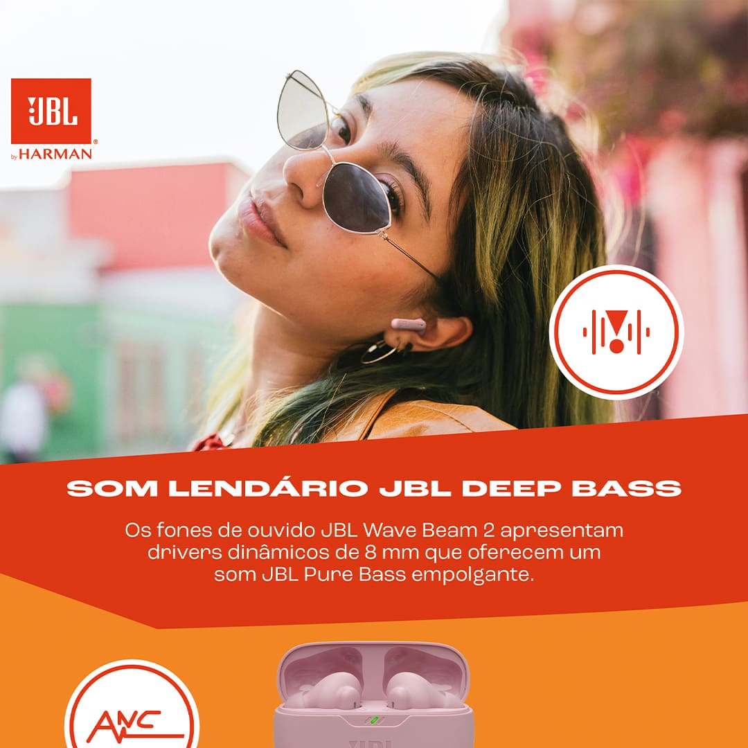 Som JBL Pure Bass para uma experiência imersiva Os fones de ouvido JBL Wave Buds 2 possuem drivers dinâmicos de 8 mm que oferecem o icônico som JBL Pure Bass, proporcionando graves profundos e uma experiência auditiva empolgante. Seja para ouvir músicas, podcasts ou assistir a vídeos, o som é claro, potente e envolvente, garantindo qualidade em qualquer momento do seu dia.