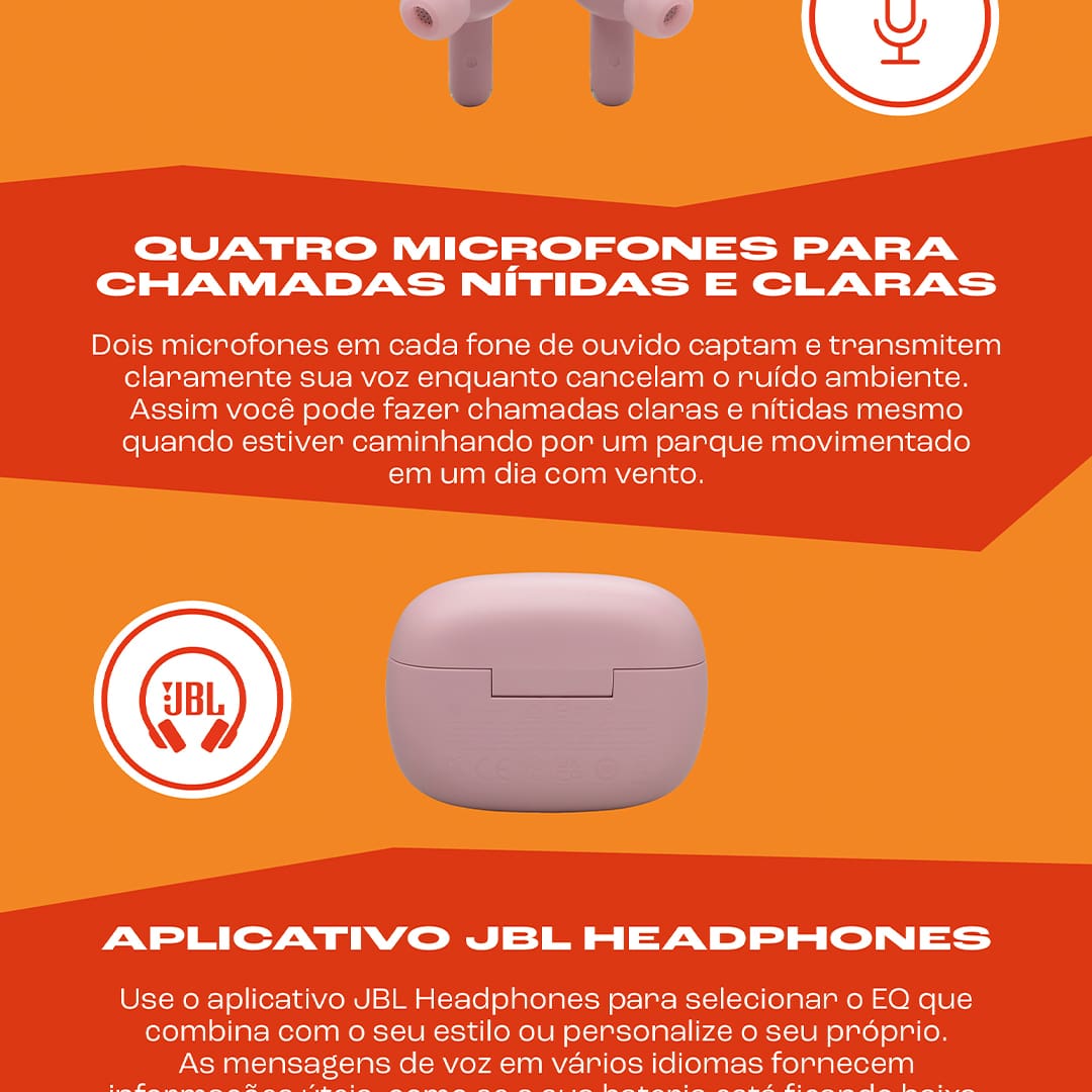 Som JBL Pure Bass para uma experiência imersiva Os fones de ouvido JBL Wave Buds 2 possuem drivers dinâmicos de 8 mm que oferecem o icônico som JBL Pure Bass, proporcionando graves profundos e uma experiência auditiva empolgante. Seja para ouvir músicas, podcasts ou assistir a vídeos, o som é claro, potente e envolvente, garantindo qualidade em qualquer momento do seu dia.