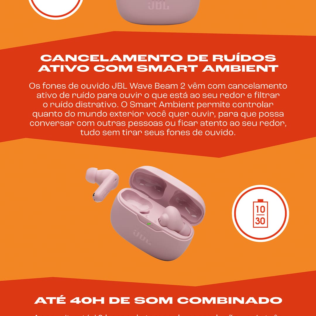 Som JBL Pure Bass para uma experiência imersiva Os fones de ouvido JBL Wave Buds 2 possuem drivers dinâmicos de 8 mm que oferecem o icônico som JBL Pure Bass, proporcionando graves profundos e uma experiência auditiva empolgante. Seja para ouvir músicas, podcasts ou assistir a vídeos, o som é claro, potente e envolvente, garantindo qualidade em qualquer momento do seu dia.
