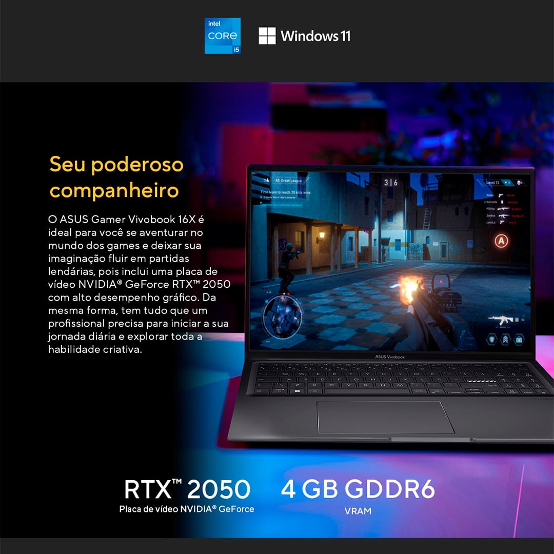 Equipado com o processador Intel Core i5, o Notebook Asus Gamer RTX2050 oferece a performance necessária para rodar seus jogos favoritos e realizar multitarefas com facilidade. Com o sistema operacional Windows 11 Home, você terá uma interface moderna e otimizada para uma experiência de uso fluida.