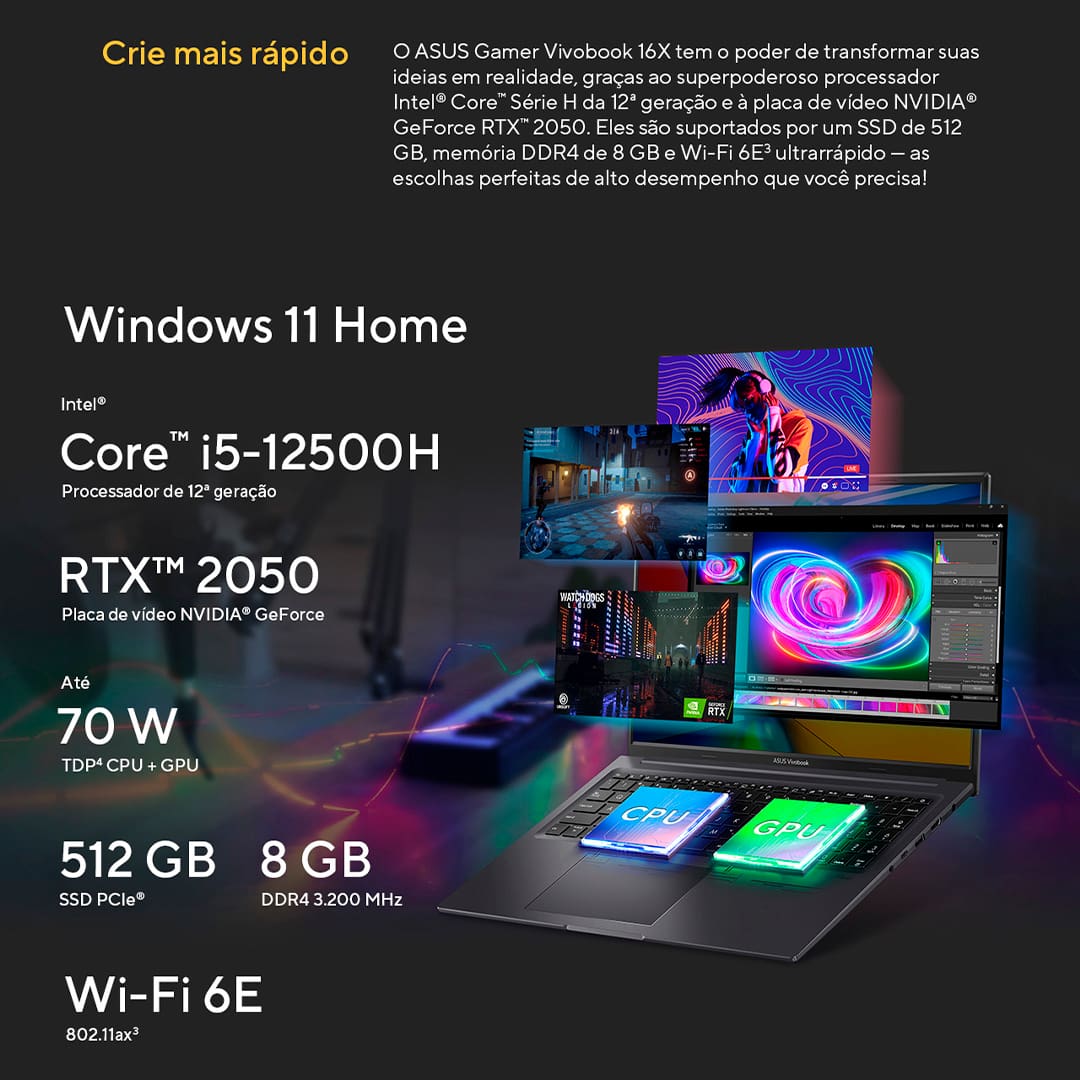 Equipado com o processador Intel Core i5, o Notebook Asus Gamer RTX2050 oferece a performance necessária para rodar seus jogos favoritos e realizar multitarefas com facilidade. Com o sistema operacional Windows 11 Home, você terá uma interface moderna e otimizada para uma experiência de uso fluida.