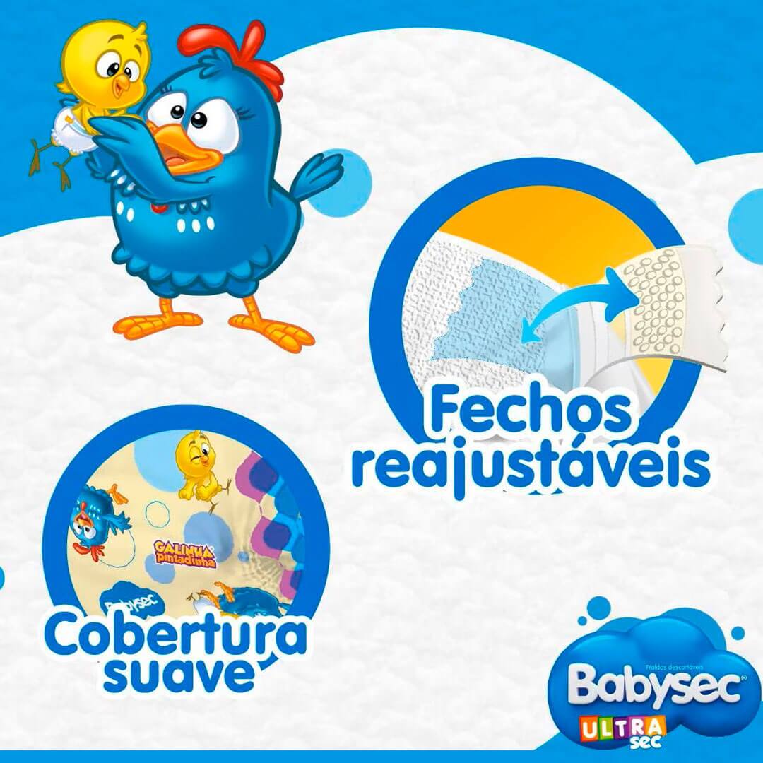 Fralda Babysec UltraSec Galinha Pintadinha com fechos reajustáveis