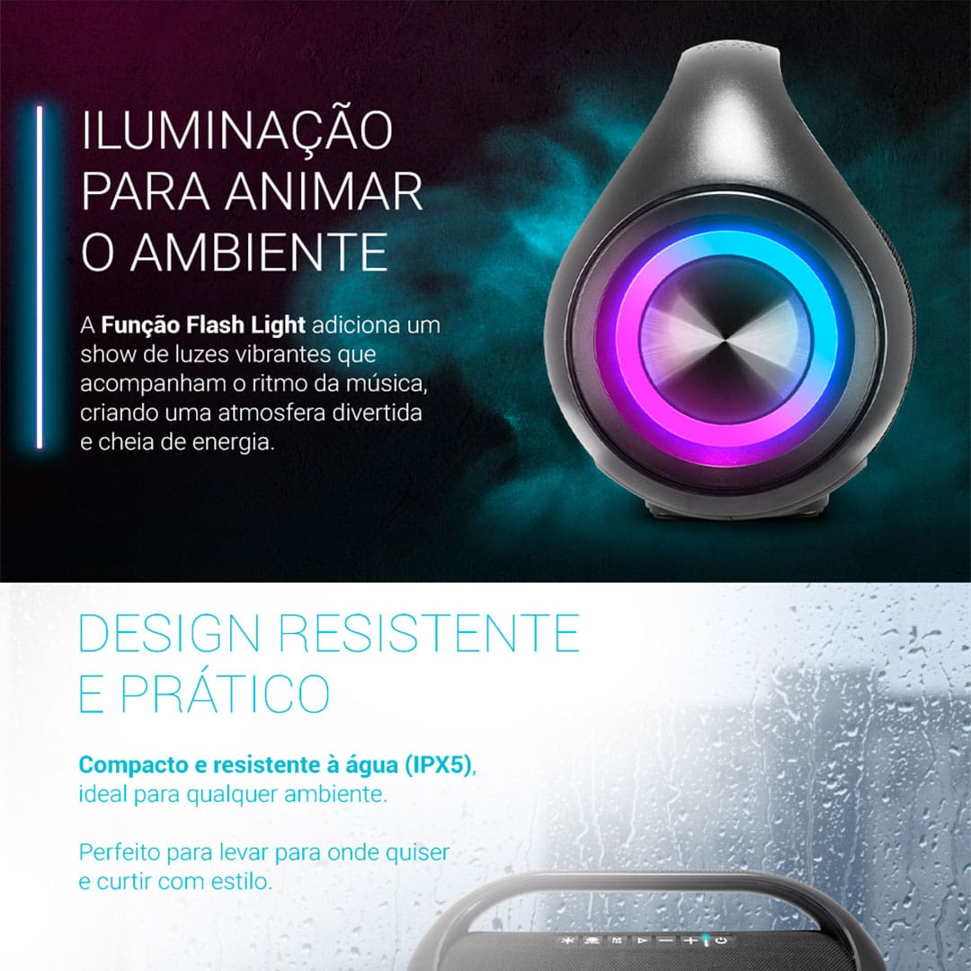 Potência e versatilidade para suas festas Descubra o melhor da Caixa de Som com Speaker Philco, que oferece alta performance para qualquer ocasião. Com uma bateria recarregável de 4 horas de duração, ele é o aliado perfeito para suas festas, garantindo energia contínua e diversão sem interrupções.