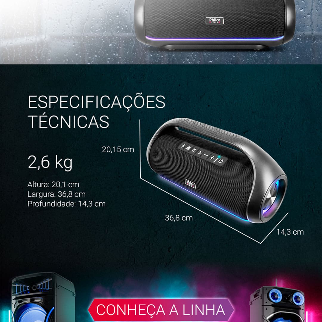 Potência e versatilidade para suas festas Descubra o melhor da Caixa de Som com Speaker Philco, que oferece alta performance para qualquer ocasião. Com uma bateria recarregável de 4 horas de duração, ele é o aliado perfeito para suas festas, garantindo energia contínua e diversão sem interrupções.