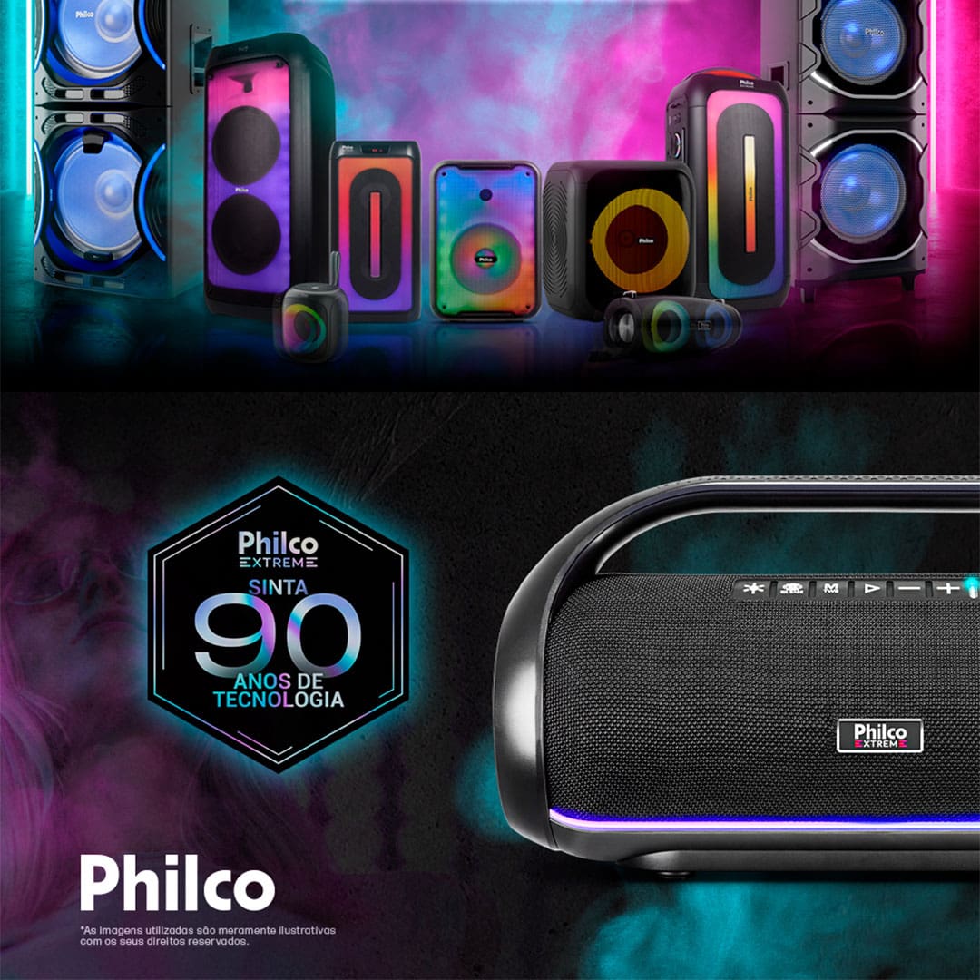 Potência e versatilidade para suas festas Descubra o melhor da Caixa de Som com Speaker Philco, que oferece alta performance para qualquer ocasião. Com uma bateria recarregável de 4 horas de duração, ele é o aliado perfeito para suas festas, garantindo energia contínua e diversão sem interrupções.