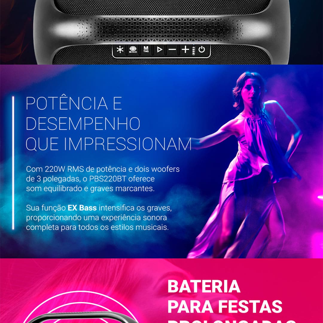 Potência e versatilidade para suas festas Descubra o melhor da Caixa de Som com Speaker Philco, que oferece alta performance para qualquer ocasião. Com uma bateria recarregável de 4 horas de duração, ele é o aliado perfeito para suas festas, garantindo energia contínua e diversão sem interrupções.