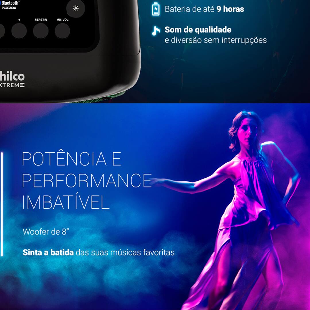 Caixa de Som Amplificada Philco Extreme PCX3800 com Bluetooth, Radio FM, Iluminação Flash Light - 250W