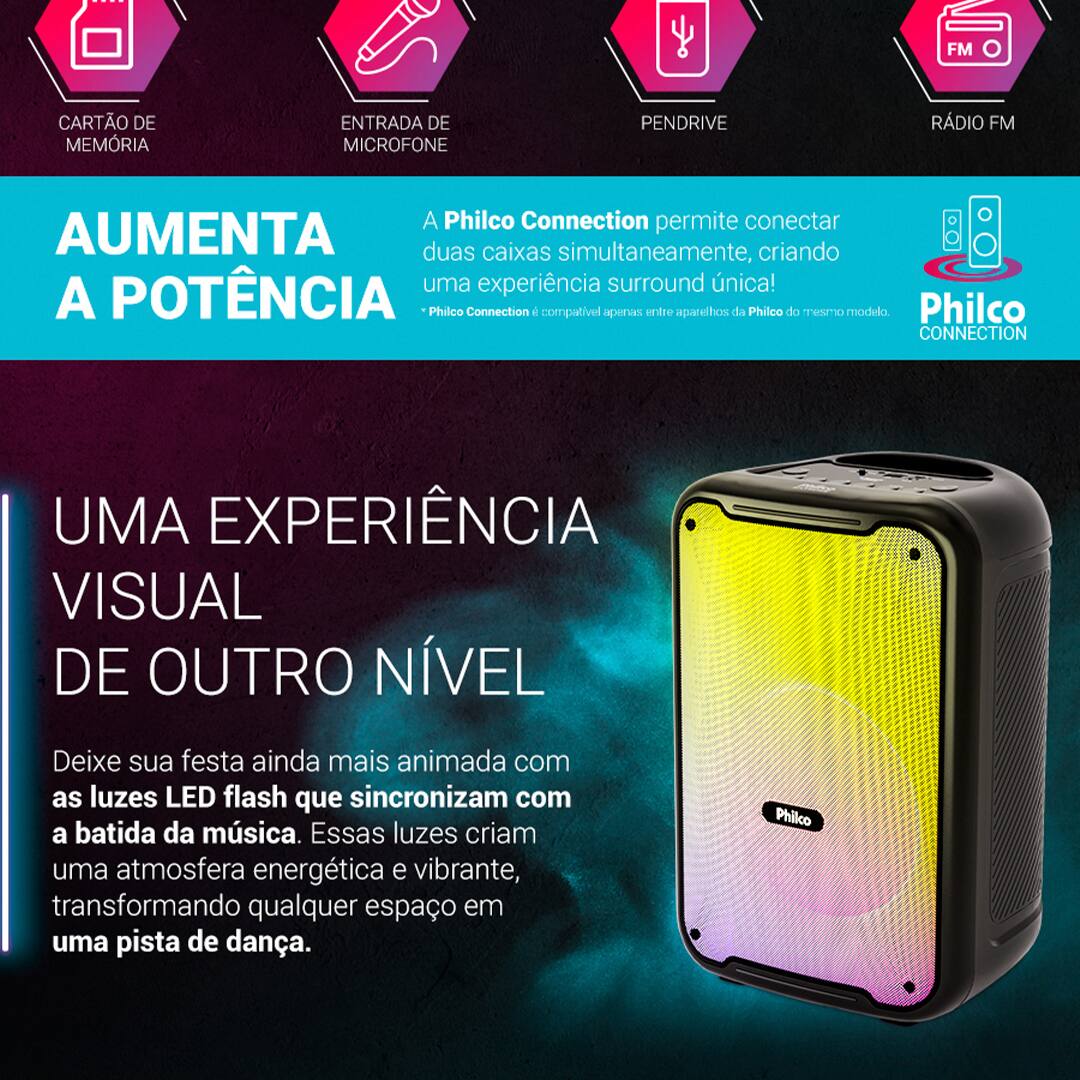 Caixa de Som Amplificada Philco Extreme PCX3800 com Bluetooth, Radio FM, Iluminação Flash Light - 250W