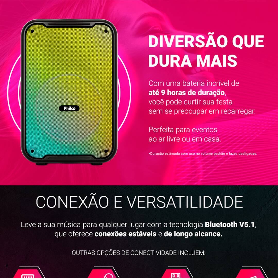 Caixa de Som Amplificada Philco Extreme PCX3800 com Bluetooth, Radio FM, Iluminação Flash Light - 250W