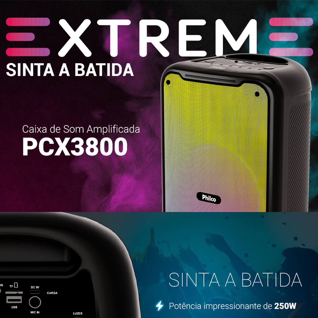 Caixa de Som Amplificada Philco Extreme PCX3800 com Bluetooth, Radio FM, Iluminação Flash Light - 250W