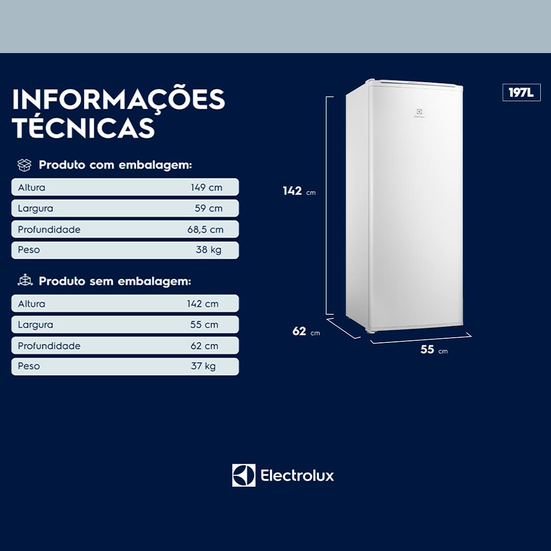 Design Moderno e Funcionalidades Avançadas. O Freezer Vertical Electrolux 197 litros traz um design moderno com novas funcionalidades, oferecendo uma experiência aprimorada e maior eficiência energética. Com capacidade ideal para armazenar alimentos e bebidas, é a escolha perfeita tanto para residências quanto para estabelecimentos comerciais.