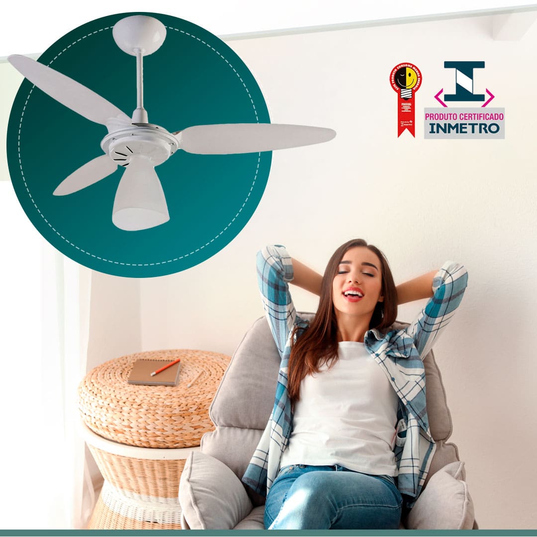 imagem mostra mulher sentada em uma poltrona e o ventilador em destaque