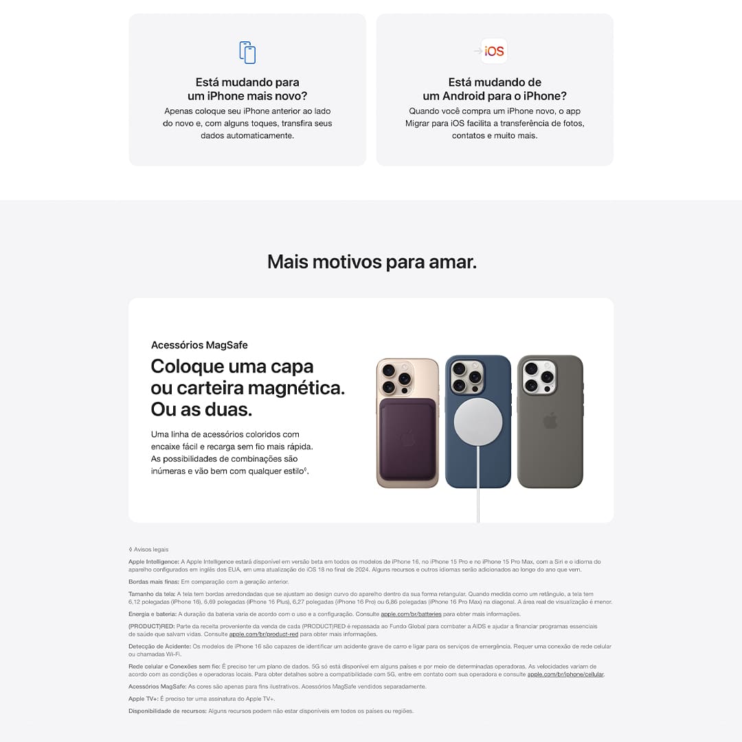 iPhone 16 Pro. Com estrutura em titânio, Controle da Câmera, 4K Dolby Vision a 120 qps e o chip A18 Pro. As telas têm bordas arredondadas. Quando medida como um retângulo, a tela tem 6,12 polegadas (iPhone 16), 6,69 polegadas (iPhone 16 Plus), 6,27 polegadas (iPhone 16 Pro) ou 6,86 polegadas (iPhone 16 Pro Max) na diagonal. A área real de visualização é menor.