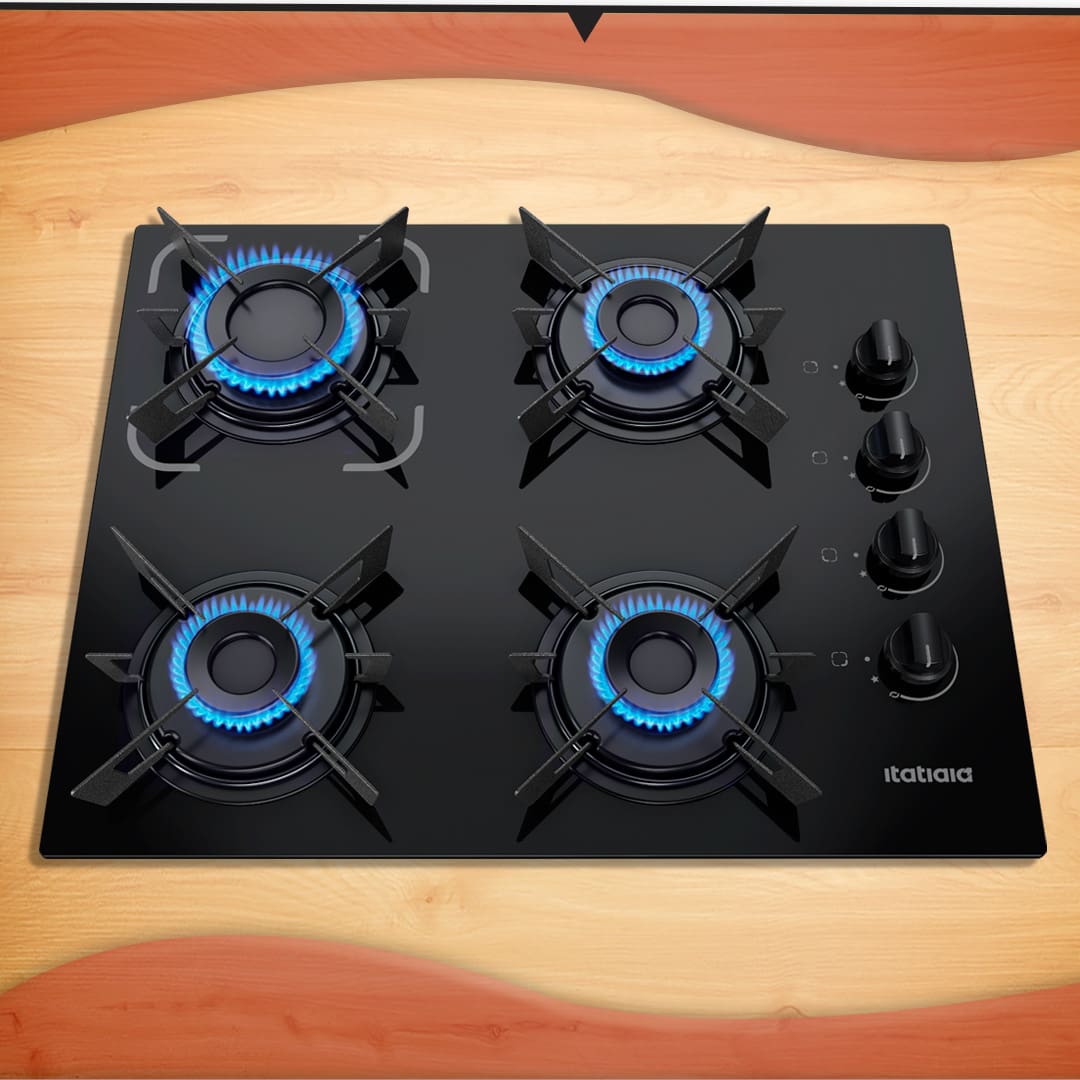 imagem mostra o cooktop com os queimadores acesos