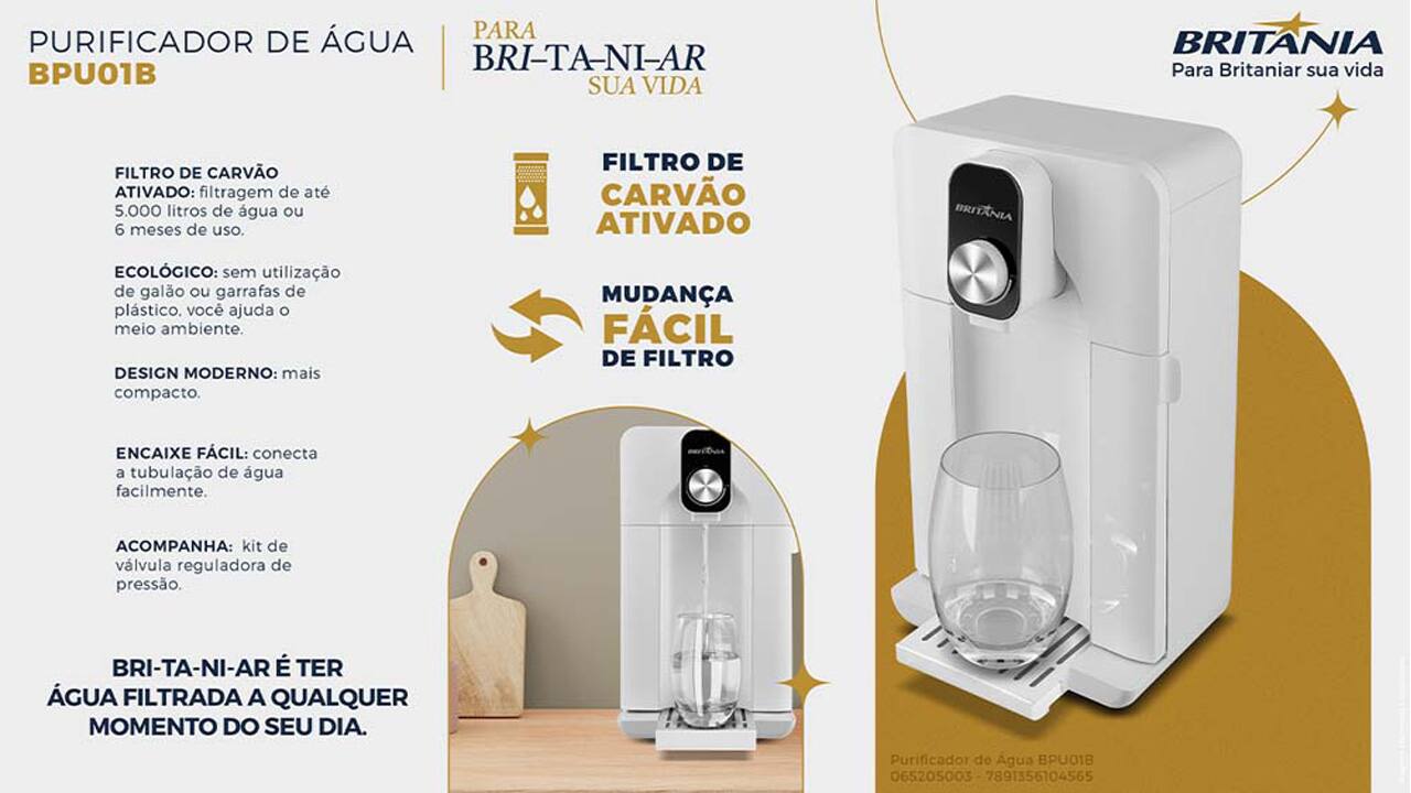 Tenha água filtrada o dia todo Desfrute de água filtrada e saudável durante todo o dia, proporcionando mais bem-estar para toda a família. Este sistema de filtragem elimina até 75% do cloro presente na água, garantindo um sabor mais puro e agradável. Além disso, reduz até 99% das bactérias, oferecendo uma água mais segura e de alta qualidade para consumo.