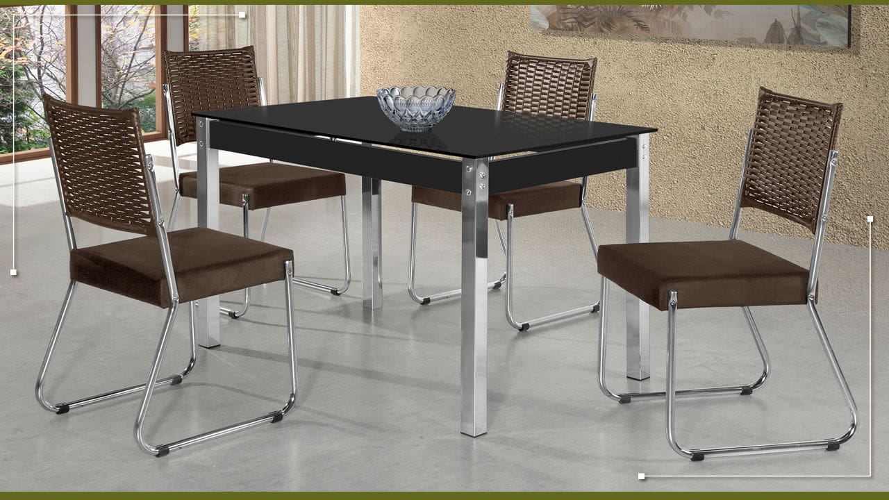 Mesa Jantar Aço Nobre Cláudia 4 Cadeiras Cromado Marrom Preto