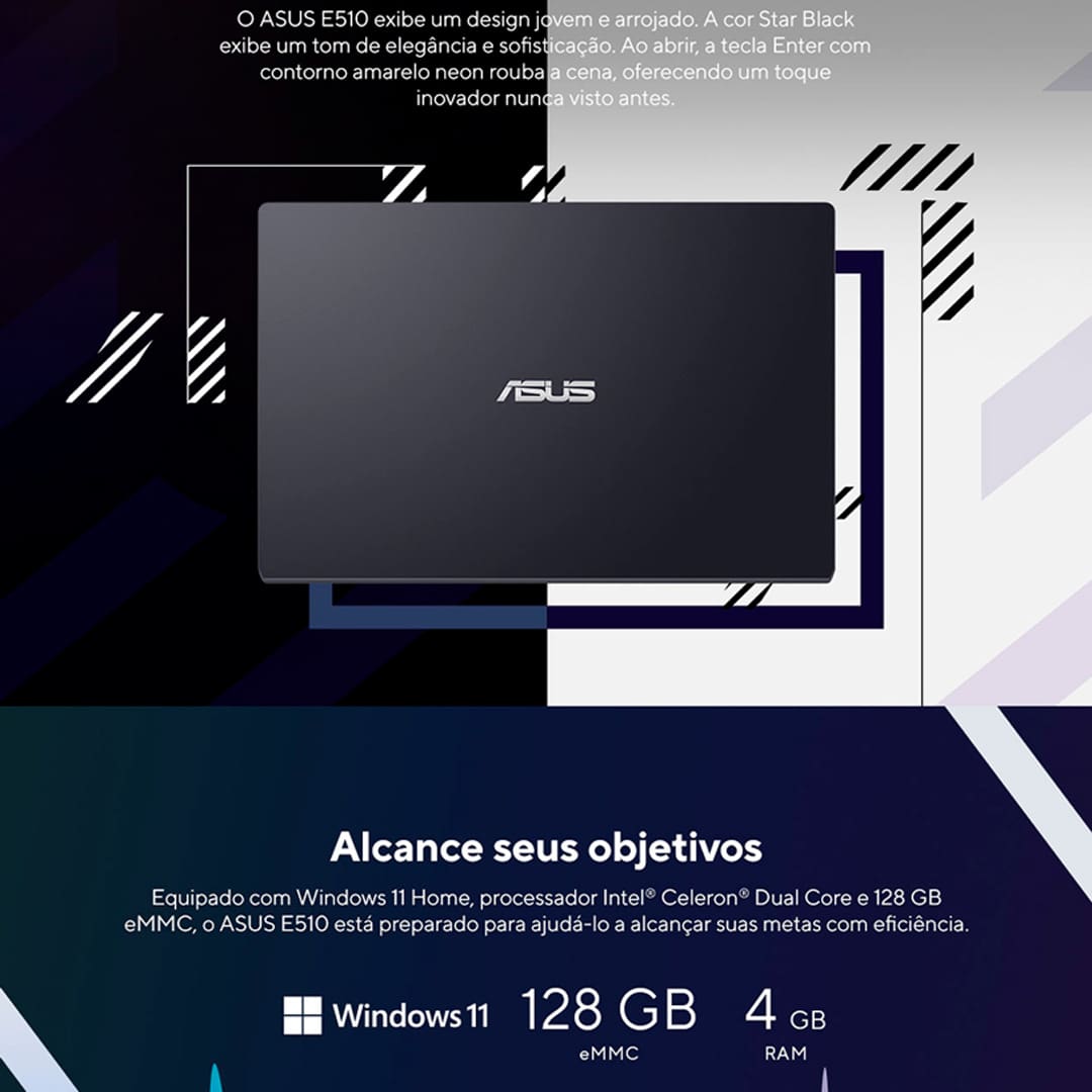 Notebook ASUS Vivobook Go 15 com Intel Celeron Dual Core, 4GB RAM, 128GB e-MMC, Tela 15,6" LED e Windows 11 + Microsoft 365 Personal - E510KA-BR808WS