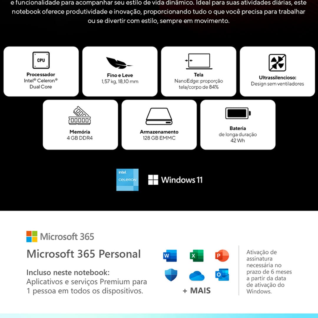 Notebook ASUS Vivobook Go 15 com Intel Celeron Dual Core, 4GB RAM, 128GB e-MMC, Tela 15,6" LED e Windows 11 + Microsoft 365 Personal - E510KA-BR808WS