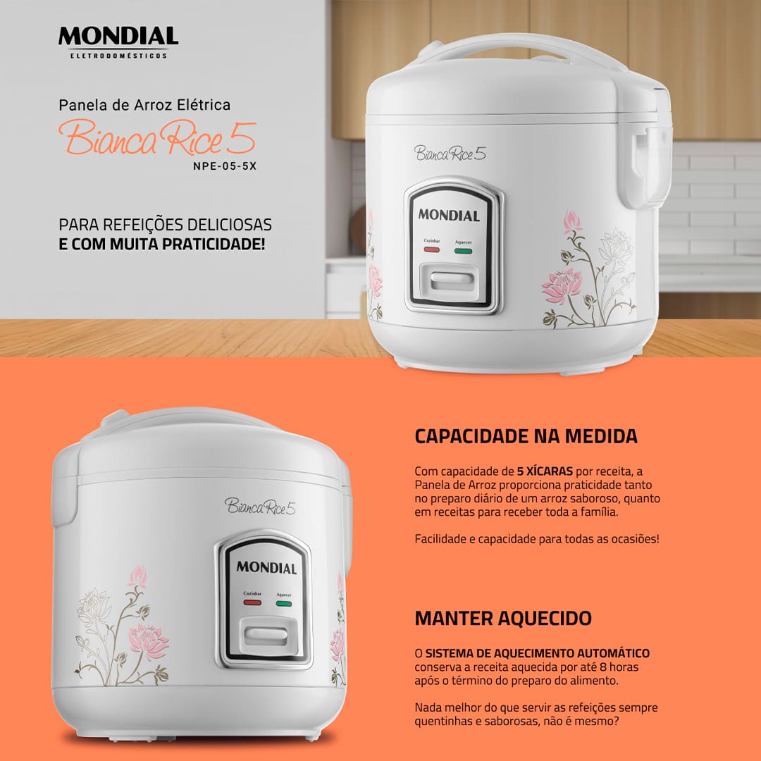Mesmo para quem acha que fazer arroz é uma tarefa simples, a Panela Elétrica Bianca Rice NPE-05 da Mondial proporciona ainda mais facilidade, agilidade e praticidade durante o preparo das refeições. Sem alterar o sabor dos alimentos, esta panela também faz risotos e legumes no vapor, aumentando as suas possibilidades.
