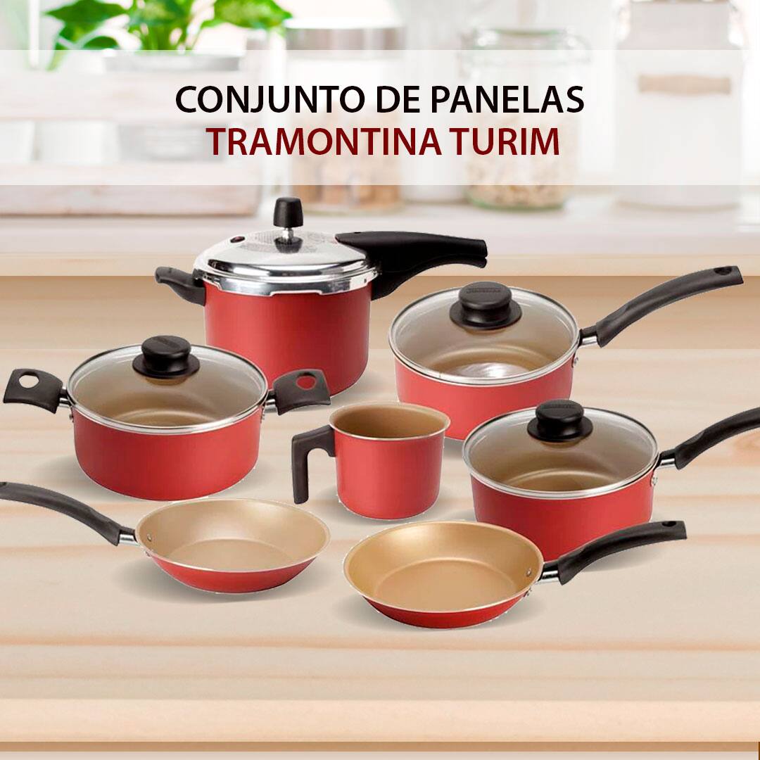 Conjunto de Panelas Tramontina Turim cozinha fervedor caçarola frigideiras prático ágil amigos parentes jantar casa