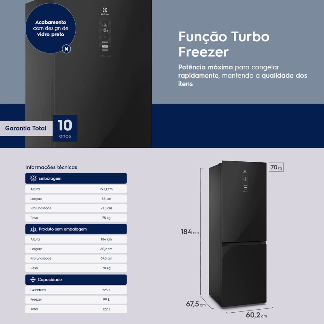 Geladeira Electrolux Frost Free Inverter 322L IB42G Efficient com AutoSense Inverse e Painel Digital - Black Glass - 110V
