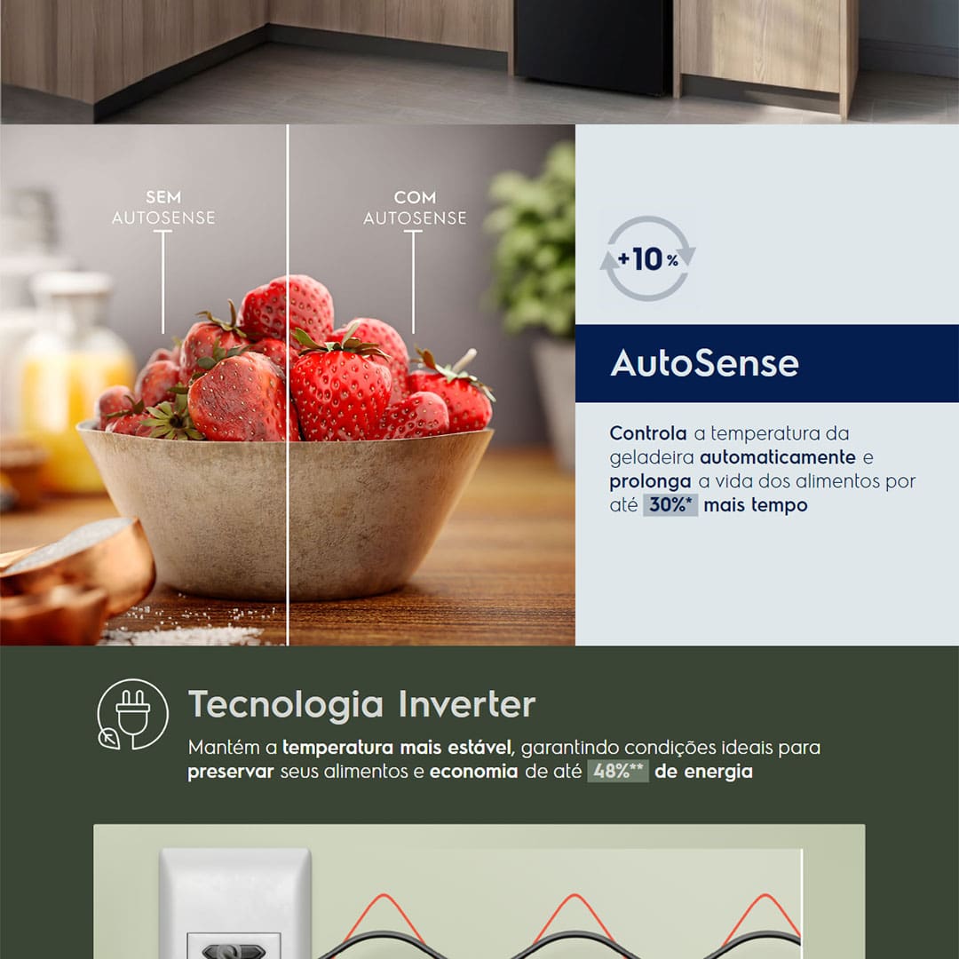 Geladeira Electrolux Frost Free Inverter 322L IB42G Efficient com AutoSense Inverse e Painel Digital - Black Glass - 110V