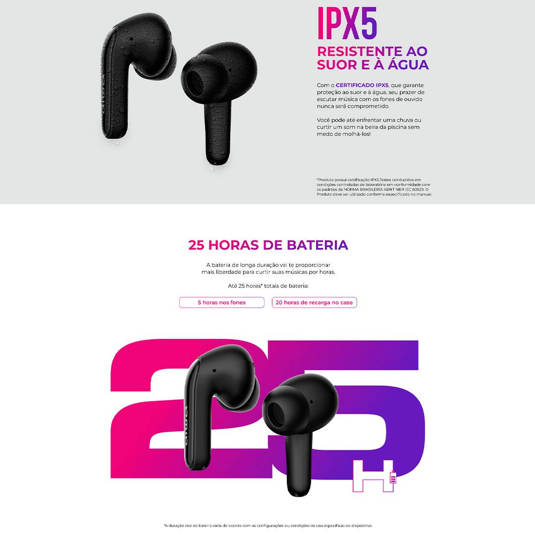 Qualidade Sonora que Vai te Surpreender O fone de ouvido conta com diafragma composto e drivers dinâmicos integrados, proporcionando um som mais limpo e potente. Escute playlists de músicas e podcasts com som livre de distorções, além de graves mais profundos e agudos mais nítidos. Experiência Envolvente Com a tecnologia ANC PLUS (cancelamento de ruído), é possível bloquear barulhos externos em até -28 dB. Além do modo ambiente, que permite ouvir o som ao seu redor de forma mais clara e completamente realista sem precisar remover o fone de ouvido. Fast Charge e Durabilidade da Bateria A função Fast Charge permite um carregamento eficiente e em apenas 10 minutos, você obtém até 2 horas de bateria. Quando os fones estão totalmente carregados, proporcionam 5 horas de música sem interrupções. Proteção IPX5 e Resistência a Água Certificado com IPX5, o Fone de Ouvido AWS-EB-01 é resistente ao suor e à água para enfrentar o dia a dia. Além disso, está protegido contra o contato com líquidos para te acompanhar na academia, piscina e atividades ao ar livre.