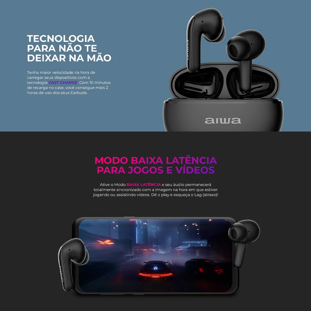 Qualidade Sonora que Vai te Surpreender O fone de ouvido conta com diafragma composto e drivers dinâmicos integrados, proporcionando um som mais limpo e potente. Escute playlists de músicas e podcasts com som livre de distorções, além de graves mais profundos e agudos mais nítidos. Experiência Envolvente Com a tecnologia ANC PLUS (cancelamento de ruído), é possível bloquear barulhos externos em até -28 dB. Além do modo ambiente, que permite ouvir o som ao seu redor de forma mais clara e completamente realista sem precisar remover o fone de ouvido. Fast Charge e Durabilidade da Bateria A função Fast Charge permite um carregamento eficiente e em apenas 10 minutos, você obtém até 2 horas de bateria. Quando os fones estão totalmente carregados, proporcionam 5 horas de música sem interrupções. Proteção IPX5 e Resistência a Água Certificado com IPX5, o Fone de Ouvido AWS-EB-01 é resistente ao suor e à água para enfrentar o dia a dia. Além disso, está protegido contra o contato com líquidos para te acompanhar na academia, piscina e atividades ao ar livre.