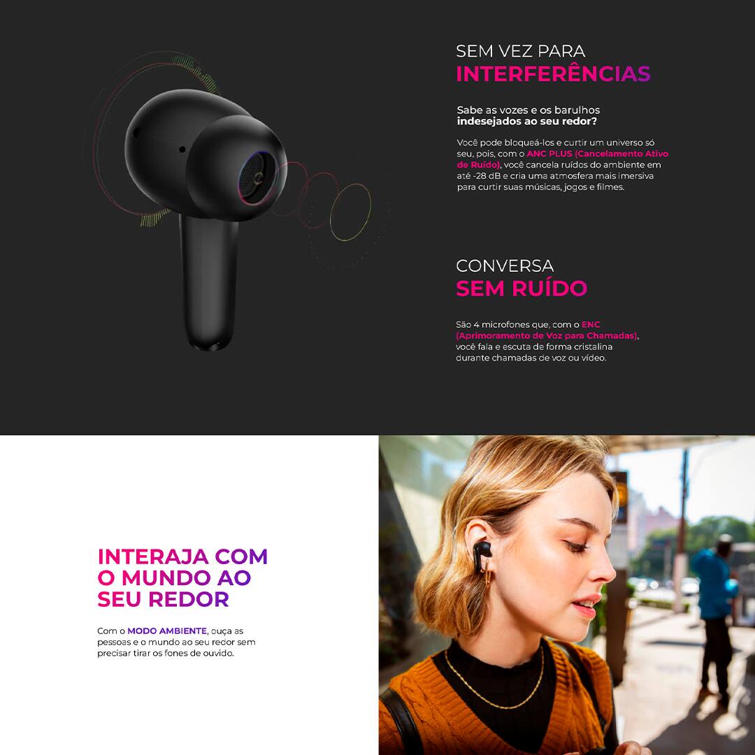 Qualidade Sonora que Vai te Surpreender O fone de ouvido conta com diafragma composto e drivers dinâmicos integrados, proporcionando um som mais limpo e potente. Escute playlists de músicas e podcasts com som livre de distorções, além de graves mais profundos e agudos mais nítidos. Experiência Envolvente Com a tecnologia ANC PLUS (cancelamento de ruído), é possível bloquear barulhos externos em até -28 dB. Além do modo ambiente, que permite ouvir o som ao seu redor de forma mais clara e completamente realista sem precisar remover o fone de ouvido. Fast Charge e Durabilidade da Bateria A função Fast Charge permite um carregamento eficiente e em apenas 10 minutos, você obtém até 2 horas de bateria. Quando os fones estão totalmente carregados, proporcionam 5 horas de música sem interrupções. Proteção IPX5 e Resistência a Água Certificado com IPX5, o Fone de Ouvido AWS-EB-01 é resistente ao suor e à água para enfrentar o dia a dia. Além disso, está protegido contra o contato com líquidos para te acompanhar na academia, piscina e atividades ao ar livre.
