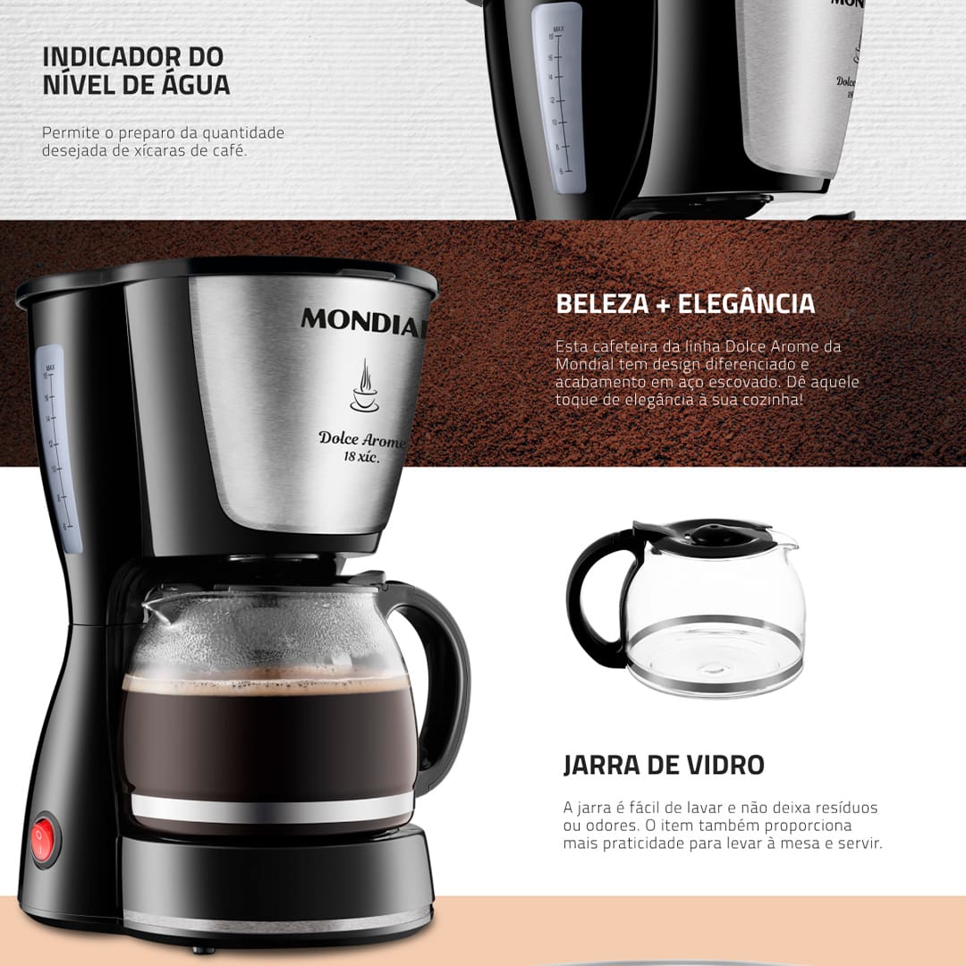 Precisa agilizar o preparo do café? Então, nada melhor do que contar com os benefícios que a Cafeteira Elétrica Mondial Dolce Arome traz para o nosso dia a dia. Ela é ideal para a sua casa ou escritório, não só por conta da alta qualidade, mas também por ser muito prática. Sua capacidade é de 720ml, ou seja, prepara 18 xícaras, para contemplar todos os amantes da bebida mais saborosa que existe!