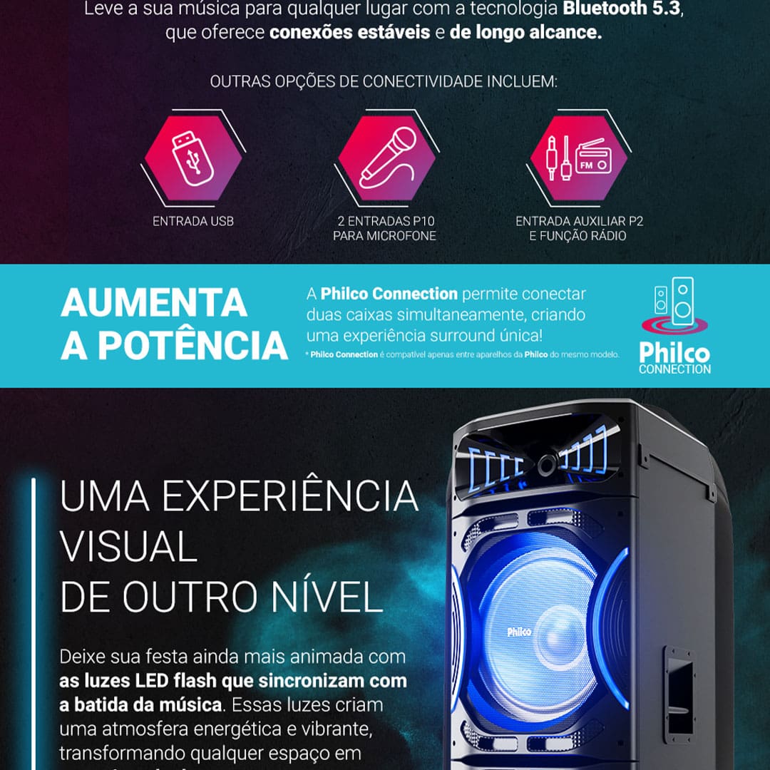 Som potente para festas inesquecíveis Transforme suas festas com a Torre de Som Amplificada Philco PCX35000! Com impressionantes 3500W de potência, ela é equipada com dois woofers de 15” e um tweeter, garantindo graves intensos e uma qualidade de som que vai agitar qualquer evento.