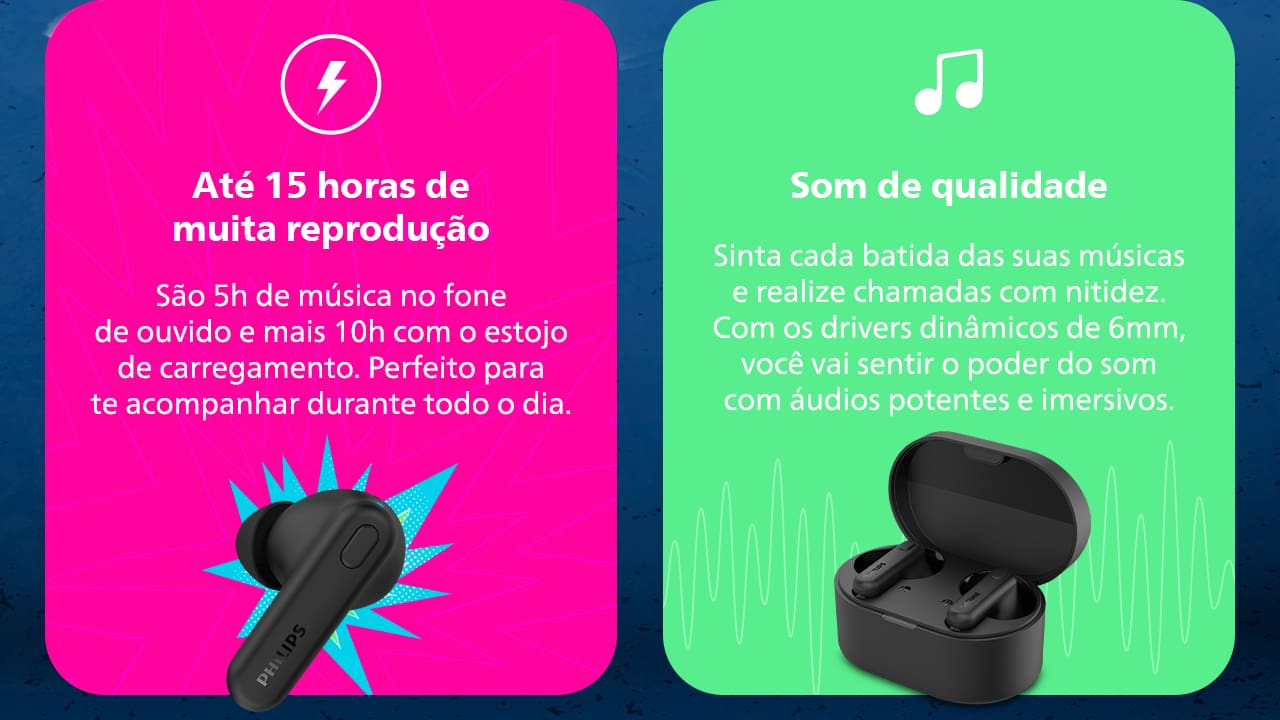 O Fone de Ouvido Philips é equipado com drivers dinâmicos de 6mm que foram cuidadosamente projetados para oferecer uma experiência auditiva imersiva, garantindo áudio de alta qualidade.